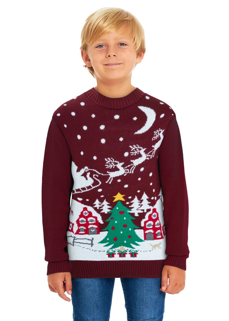 Santa Night Sky Wine Family Christmas Jumper – Festive Knit with Santa, Stars, and Sleigh Design – Cosy and Stylish, Perfect for Matching Family Holiday Photos and Celebrations – Available in Adult & Kids Sizes for a Fun, Coordinated Christmas Look!