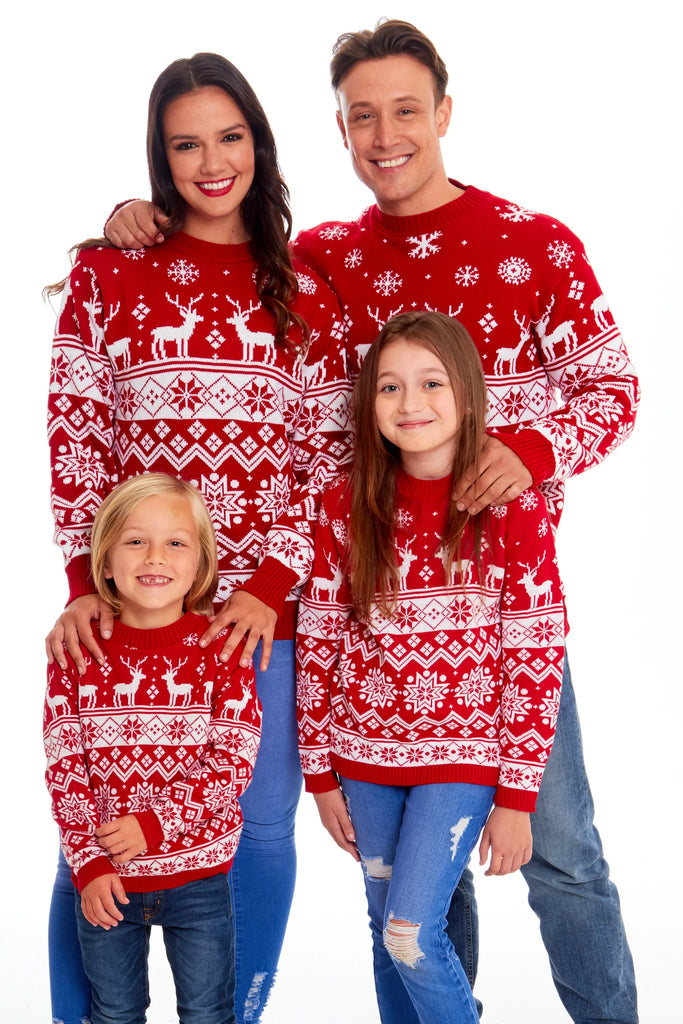 Nordic Red Family Christmas Jumper – Festive Knit for Adults (S-4XL) & Kids (2-3 to 13-14) – Classic Nordic Design, Perfect for Matching Family Photos, Christmas Jumper Day & Holiday Celebrations – Cosy, Stylish, and Fun for the Whole Family