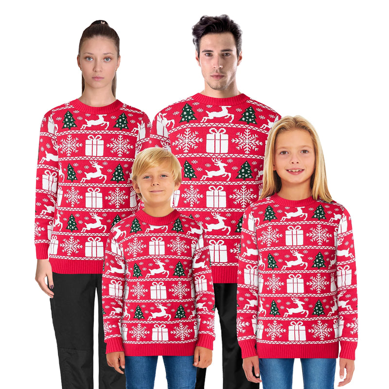 Festive Red Fairisle Family Christmas Jumper – Cozy Knit with Reindeer, Snowflake, and Gift Patterns – Perfect for Matching Family Holiday Photos, Available in Adult & Kids Sizes for a Fun and Festive Winter Season!