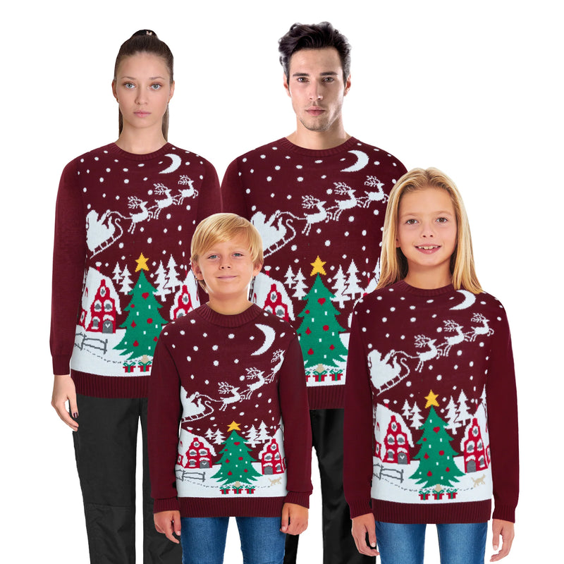 Santa Night Sky Wine Family Christmas Jumper – Festive Knit with Santa, Stars, and Sleigh Design – Cosy and Stylish, Perfect for Matching Family Holiday Photos and Celebrations – Available in Adult & Kids Sizes for a Fun, Coordinated Christmas Look!