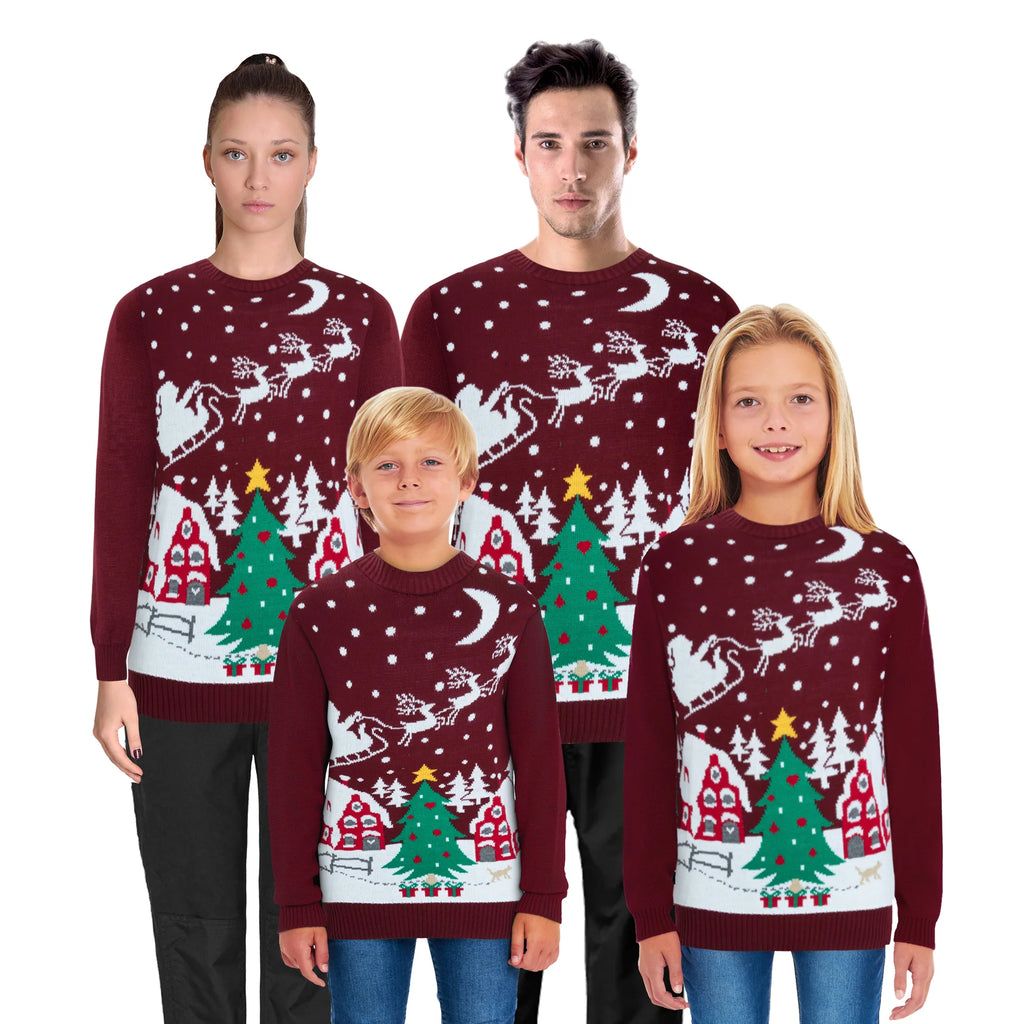 Santa Night Sky Wine Family Christmas Jumper – Festive Knit with Santa, Stars, and Sleigh Design – Cosy and Stylish, Perfect for Matching Family Holiday Photos and Celebrations – Available in Adult & Kids Sizes for a Fun, Coordinated Christmas Look!