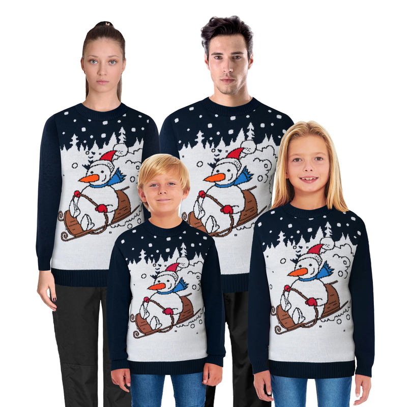 Snowman Sleigh Family Xmas Jumper – Festive Sweater for Adults (S-4XL) & Kids (2-3 to 13-14) – Cosy Knit with Snowman and Sleigh Design, Perfect for Matching Family Photos, Christmas Jumper Day & Holiday Celebrations