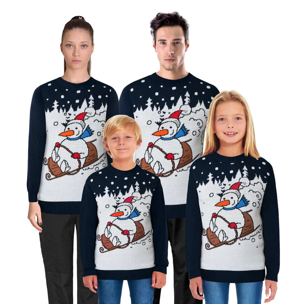Snowman Sleigh Family Xmas Jumper – Festive Sweater for Adults (S-4XL) & Kids (2-3 to 13-14) – Cosy Knit with Snowman and Sleigh Design, Perfect for Matching Family Photos, Christmas Jumper Day & Holiday Celebrations